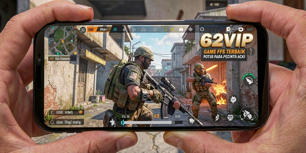 Screenshot utama 62VIP menampilkan aksi tembak-menembak yang intens.