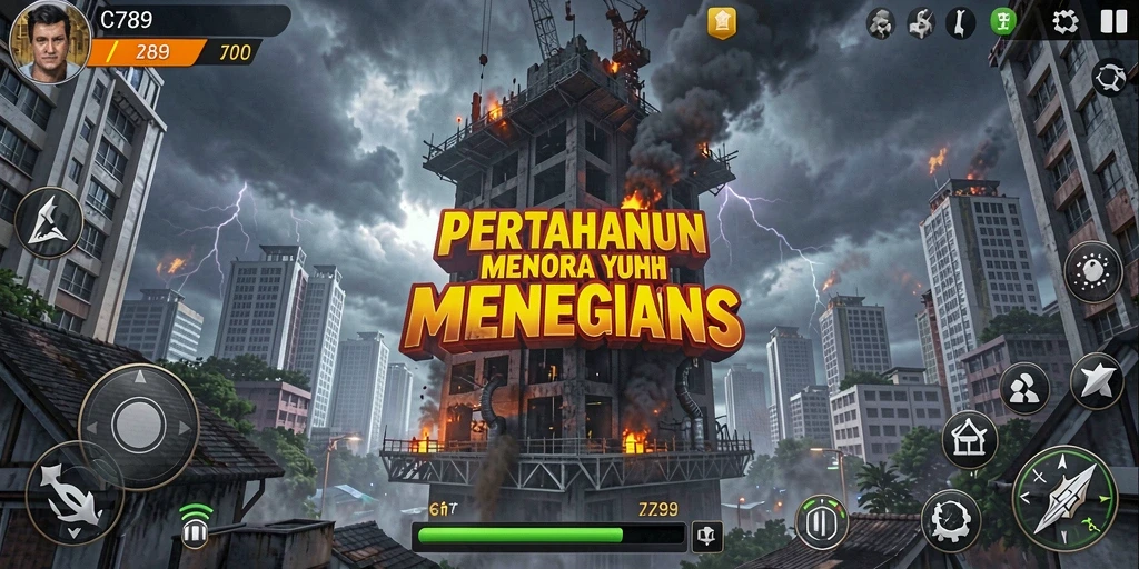 Screenshot gameplay C789 menunjukkan aksi menegangkan dalam pertahanan menara.
