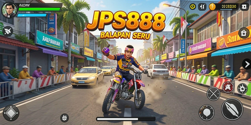 Tangkapan layar <strong>JPS888</strong> menampilkan aksi balap yang seru di trek yang menakjubkan.