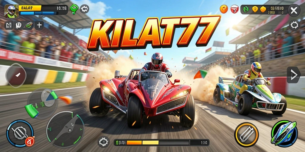 Screenshot gameplay KILAT77 menunjukkan aksi balap yang mendebarkan.