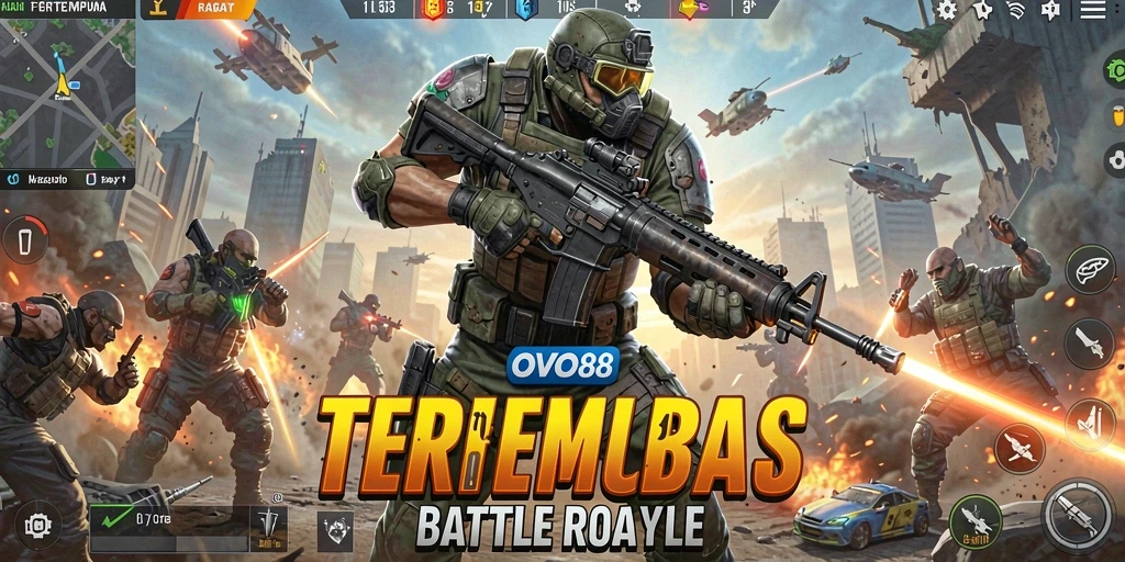 Screenshot mendebarkan dari gameplay OVO88 dengan pertempuran intens Battle Royale.