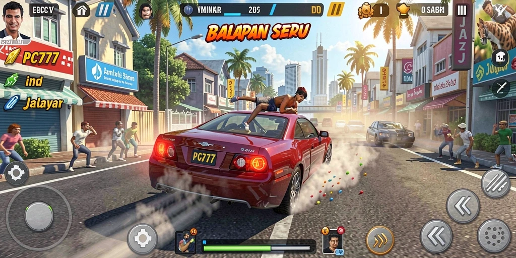 Tampilan gameplay menarik dengan kendaraan balap dan lintasan menantang.